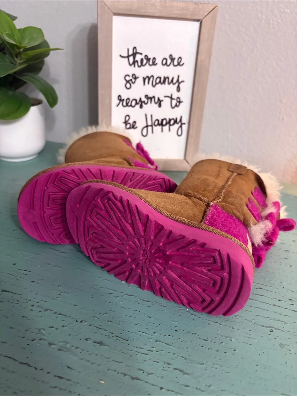 UGG Kids Chestnut Suede Boots with Pink Soles